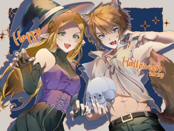 Rule 34 | 1boy, 1girl, 2024, animal earrings, animal ears, black dress, black gloves, black hair, black pants, blonde hair, blue background, blue eyes, braid, breasts, claws, commentary request, corset, cowboy shot, crown braid, dress, elbow gloves, fangs, fingerless gloves, gloves, green eyes, hair between eyes, hair ornament, hairclip, happy halloween, hat, highres, holding, holding skull, kemonomimi mode, korean commentary, link, long hair, medium breasts, midriff, nintendo, open mouth, pants, parted bangs, princess zelda, purple corset, shirt, short hair, sidelocks, skull, sparkle, tail, the legend of zelda, the legend of zelda: breath of the wild, tikoto 2023, torn clothes, torn shirt, turtleneck, turtleneck dress, werewolf costume, white shirt, witch, witch hat, wolf boy, wolf ears, wolf tail