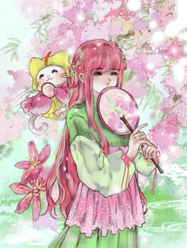 Rule 34 | 1girl, ^ ^, absurdres, ahoge, animal, blunt bangs, braid, cat, cherry blossoms, chinese clothes, chinese commentary, cloak, closed eyes, closed mouth, clothed animal, commentary request, covered mouth, cowboy shot, day, ear over one eye, flower, green hanfu, green ribbon, hair ribbon, hair rings, hand fan, hanfu, happy, high-waist skirt, highres, holding, holding fan, hood, hood up, hooded cloak, lake, layered sleeves, light blush, light particles, long hair, long sidelocks, long sleeves, miniskirt, momo (nikki), nikki (nikki), nikki (series), outdoors, pink flower, pink hair, pink ribbon, pink robe, pink skirt, pleated skirt, puffy long sleeves, puffy sleeves, qingxu, ribbon, ripples, robe, short over long sleeves, short sleeves, sidelocks, skirt, smile, standing, tree, tress ribbon, tuanshan, twin braids, very long hair, whiskers, white cat, wrist ribbon, yellow cloak, yellow hanfu