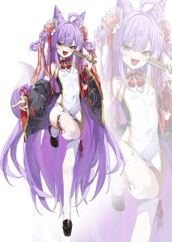 1girl antenna_hair blue_eyes brown_hair dress fox_girl fox_tail highres long_hair looking_at_viewer purple_hair rosu_1109 simple_background smile solo standing standing_on_one_leg tail tenko_shibuki thighhighs trailblazer_(honkai:_star_rail) twitter very_long_hair white_background white_dress white_thighhighs
