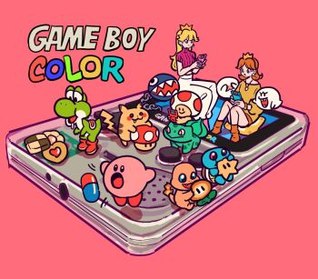 1-up_mushroom block_(mario) blue_eyes blush boo_(mario) bulbasaur chain_chomp charmander commentary cookie crop_top crown earrings eating food game_boy game_boy_color gen_1_pokemon hair_over_eyes handheld_game_console highres holding holding_handheld_game_console jewelry kirby kirby_(series) looking_at_object mario_(series) midriff_peek multiple_boys multiple_girls nintendo off-shoulder_sweater off_shoulder orange_socks pants pearl_earrings pink_background pink_socks pink_sweater pokemon princess_daisy princess_peach riding riding_pokemon saliva short-sleeved_sweater short_sleeves simple_background sitting smile socks squirtle standing sweater takeuchi_ryousuke teeth toad_(mario) turtleneck white_pants