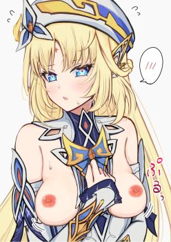 1girl bare_shoulders beret between_breasts blonde_hair blue_eyes braid breasts breasts_out clothes_between_breasts commentary_request cross-shaped_pupils detached_sleeves dress ear_ornament facial_mark flying_sweatdrops forehead_mark genshin_impact hand_on_own_chest hand_up harechiuten hat highres long_hair looking_at_viewer medium_breasts nicole_reeyn nipples no_bra parted_lips sidelocks simple_background solo spoken_blush sweat symbol-shaped_pupils upper_body very_long_hair white_background white_hat