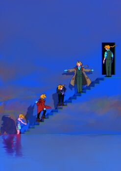 alphonse_elric amputee armor automail blonde_hair bowing door doorway edward_elric fake_sky flamel_symbol full_armor fullmetal_alchemist hand_on_wall hashtag-only_commentary highres movie_reference on_stairs parody ponytail prosthesis prosthetic_arm scene_reference sky_print stairs surreal the_truman_show