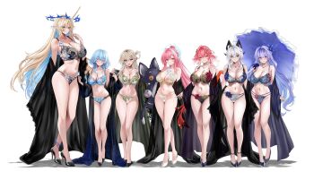 Rule 34 | 6+girls, aemeath (wuthering waves), bare legs, bare shoulders, black bra, black horns, black panties, black shoes, blonde hair, blue bra, blue flower, blue hair, blue panties, blush, bra, breasts, cantarella (wuthering waves), changli (wuthering waves), cleavage, closed mouth, collarbone, commentary, crown of thorns, curled horns, earrings, english commentary, fleurdelys (wuthering waves), flower, green bra, green panties, grey hair, hair between eyes, hair flower, hair ornament, hand up, height difference, high heels, highres, holding, holding stuffed toy, holding umbrella, horns, huge breasts, jewelry, large breasts, legs, long hair, long horns, looking at viewer, lynae (wuthering waves), m (1n910), multiple girls, navel, necklace, open mouth, panties, parasol, pink hair, pointy ears, ponytail, purple hair, robe, shoes, shorekeeper (wuthering waves), simple background, single horn, smile, standing, stomach, stuffed animal, stuffed cat, stuffed toy, tail, thighs, umbrella, underwear, underwear only, very long hair, white background, wuthering waves, yellow bra, yellow horns, yellow panties, zani (wuthering waves)