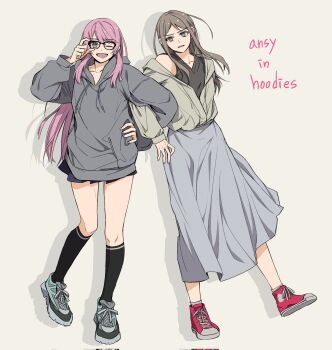 Rule 34 | 2girls, bang dream!, bang dream! it's mygo!!!!!, black shirt, black socks, blue skirt, brown hair, chihaya anon, commentary, corrupted twitter file, crimppp77, fang, glasses, grey eyes, grey hoodie, grey shoes, highres, hood, hood down, hoodie, kneehighs, korean commentary, locked arms, long hair, long skirt, long sleeves, multiple girls, nagasaki soyo, one eye closed, open mouth, pink hair, pleated skirt, red shoes, shadow, shirt, shoes, simple background, skirt, sleeveless, sleeveless shirt, socks, white background, white socks
