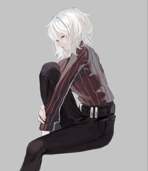 1girl belt black_pants blue_eyes expressionless faust_(project_moon) grey_background limbus_company pants project_moon short_hair simple_background starhoshi tagme