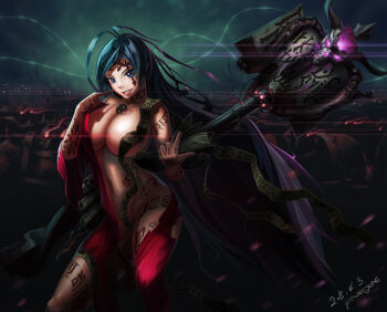 1girl adeptus_astartes ahoge aqua_eyes aqua_hair armor army bad_id bad_pixiv_id book breasts chaos_(warhammer) chaos_space_marine games_workshop helmet highres imperium_of_man large_breasts long_hair midriff navel open_book power_armor purity_seal revealing_clothes skull staff tattoo torn_clothes warhammer warhammer_40k weapon witch yeong_r6