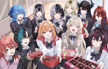 Rule 34 | 6+girls, absurdres, ahoge, alternate costume, asymmetrical horns, azki (hololive), black bow, black bowtie, black choker, blue fire, blue hair, blue ribbon, bow, bowtie, box, box of chocolates, brown eyes, brown hair, brown sweater vest, candy, chocolate, chocolate heart, choker, collared shirt, colored inner hair, commentary, demon horns, dhbwinner, diagonal-striped bow, diagonal-striped bowtie, diagonal-striped clothes, double-parted bangs, dress shirt, elizabeth rose bloodflame, english commentary, fire, fire on chest, flower, food, fortissimo, gift, gift box, green eyes, grey hair, grin, hair between eyes, hair ornament, hair ribbon, hairclip, hallway, hand on another's shoulder, heart, heart-shaped box, heart-shaped food, highres, holding, holding gift, hololive, hololive dev is, hololive english, horn flower, horns, hoshimachi suisei, ichijou ririka, incoming gift, indoors, jacket, juufuutei raden, koganei niko, long sleeves, multicolored hair, multiple girls, musical note, musical note hair ornament, nerissa ravencroft, one side up, open mouth, orange eyes, orange hair, otonose kanade, outstretched arms, parallel hairclips, pink hair, pink sweater, plaid clothes, plaid skirt, pleated skirt, purple eyes, red eyes, red hair, ribbon, rindo chihaya, sakura miko, school uniform, shiori novella, shirt, side ponytail, skirt, smile, split-color hair, streaked hair, striped bow, striped bowtie, striped clothes, sweater, sweater vest, two-tone hair, uneven horns, valentine, virtual youtuber, white hair, white shirt, x hair ornament, yellow eyes