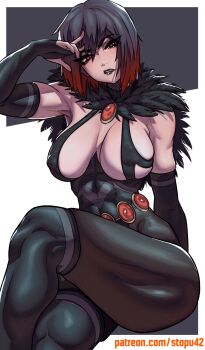 1girl belly_chain black_cape black_hair black_lips black_pantyhose black_thighhighs blush breasts breasts_apart cape commentary covered_abs covered_erect_nipples dc_comics elbow_gloves english_commentary eyelashes feathered_cape feet_out_of_frame forehead_jewel gem gloves goth_fashion gradient_hair grey_hair head_tilt highres jewelry kneehighs large_breasts legs_together long_eyelashes looking_at_viewer multicolored_hair pantyhose parted_lips patreon_username purple_eyes raven_(dc) red_gemstone red_hair short_hair sitting skindentation socks solo stopu teen_titans thick_thighs thighhighs thighs thighs_together two-tone_hair white_background