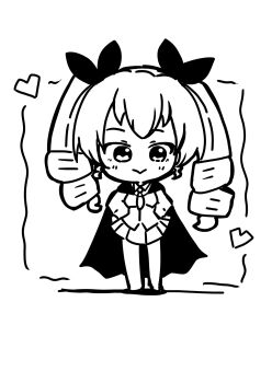 Rule 34 | 1girl, :>, anchovy (girls und panzer), anzio school uniform, arms behind back, artist request, blush, cape, chibi, drill hair, full body, girls und panzer, hair ribbon, heart, highres, long hair, monochrome, necktie, ribbon, school uniform, shirt, skirt, smile, solo, twintails