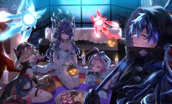 1boy 3girls absurdres aino_(genshin_impact) almanju antlers braid braided_hair_rings deer_antlers deer_girl flins_(genshin_impact) genshin_impact ghost_costume hair_rings halloween highres horns jack-o&#039;-lantern jahoda_(genshin_impact) kuuhenki_(genshin_impact) lauma_(genshin_impact) long_hair mechanical_arms multiple_girls mummy_costume open_mouth pink-tinted_eyewear pink_hair pointy_ears single_mechanical_arm star-shaped_pupils star_(symbol) symbol-shaped_pupils tinted_eyewear two-sided_horns vampire_costume