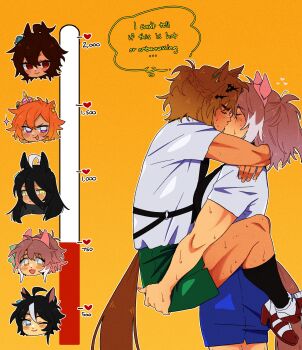 6+girls absurdres agnes_tachyon_(umamusume) animal_ears arms_around_neck black_hair black_socks blue_shorts blush brown_hair carrying carrying_person closed_mouth commentary dantsu_flame_(umamusume) english_commentary english_text french_kiss fuji_kiseki_(umamusume) green_shorts highres horse_ears horse_girl horse_tail jungle_pocket_(umamusume) kiss kiss_meter_(meme) long_hair manhattan_cafe_(umamusume) meme multiple_girls pink_hair purple_eyes raccrows red_eyes scar scar_on_face scar_on_nose short_hair shorts smile socks speech_bubble sweat t.m._opera_o_(umamusume) tail thought_bubble toned toned_female umamusume white_streaks yellow_background yellow_eyes yuri