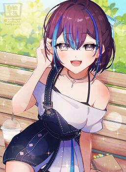 1girl absurdres bare_shoulders bench black_dress blue_hair brown_eyes brown_hair commentary_request dress drink earrings hair_ribbon highres indie_virtual_youtuber jewelry looking_at_viewer medium_hair mole mole_under_eye multicolored_hair neckerchief notebook open_mouth ribbon satsuki_(pixiv_742410) smile solo sparkle streaked_hair suspenders virtual_youtuber watermark white_dress yubari_rei