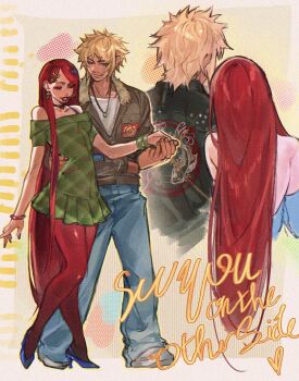 1boy 1girl arm_around_waist baggy_pants bangle bare_shoulders black_jacket blonde_hair blue_pants blue_shoes bracelet breasts choker couple denim dress earrings full_body fur-trimmed_jacket fur_trim green_dress grey_shoes hair_ornament hairclip hetero high_heels highres holding_hands jacket jeans jewelry leather leather_jacket long_hair looking_at_another medium_breasts namikaze_minato naruto_(series) necklace off-shoulder_dress off_shoulder pants pantyhose parted_lips pleated_dress pumps red_hair red_pantyhose sharp_teeth shirt shoes short_hair straight_hair studded_jacket swept_bangs teeth upper_body uzumaki_kushina virtuno walking white_shirt