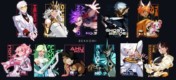 3girls 6+boys absurdres ahu_(to_be_hero_x) animal_ears aqua_hair armor baseball_bat bekkomi big_johnny_(to_be_hero_x) blue_armor blue_eyes braid braided_ponytail brown_eyes brown_hair camisole can dog dragon_boy_(to_be_hero_x) drink_can e-soul_(to_be_hero_x) electric_guitar face_print fedora formal_clothes four-leaf_clover_print full-body_tattoo ghostblade_(to_be_hero_x) gold_tiara gold_trim green_eyes guitar hair_slicked_back hat hawaiian_shirt helmet highres instrument lin_ling_(to_be_hero_x) little_johnny_(to_be_hero_x) loli_(to_be_hero_x) lucky_cyan_(to_be_hero_x) marking_on_cheek mask mechanical_arms mohawk mouth_mask mullet multiple_boys multiple_girls multiple_knives music necktie nice_(to_be_hero_x) orange_hair pink_armor pink_hair playing_instrument power_armor punching purple_hair queen_(to_be_hero_x) red_necktie shirt single_hair_streak single_mechanical_arm smug snapping_fingers soda_can suit tattoo tinted_eyewear to_be_hero to_be_hero_x vest white_armor white_camisole white_hair white_suit white_vest x_(to_be_hero_x) x_ornament yellow-tinted_eyewear