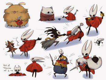 1boy 1other 2girls absurdres aged_down arrow_(symbol) arthropod_boy arthropod_girl carrying carrying_person chakram child cloak commentary dice english_commentary english_text fighting grindle_(hollow_knight) highres holding holding_weapon hollow_eyes hollow_knight hollow_knight:_silksong horned_mask hornet_(hollow_knight) hug huge_flea_(hollow_knight) lace_(hollow_knight) lumble_(hollow_knight) mask multiple_girls needle_(hollow_knight) phantom_(hollow_knight) pin_(hollow_knight) puff_of_air red_cloak revolutionary_lab670 slapping wardenfly_(hollow_knight) weapon white_mask