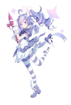 1girl absurdres ahoge blue_archive bow drill_hair gloves hair_ornament highres holding holding_wand multicolored_hair official_alternate_costume official_alternate_hairstyle pantyhose pink_hair puffy_short_sleeves puffy_sleeves purple_bow purple_eyes purple_hair purple_shoes reisa_(blue_archive) reisa_(magical)_(blue_archive) shirt shoes short_sleeves simple_background skirt solo standing standing_on_one_leg star_(symbol) star_hair_ornament striped_clothes striped_pantyhose suye twin_drills wand white_background white_gloves white_shirt white_skirt