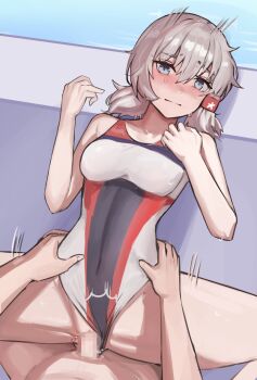 1boy 1girl azur_lane blue_eyes blush breasts censored closed_mouth clothed_sex clothing_aside commission competition_swimsuit denver_(azur_lane) grey_hair hair_ornament hetero looking_at_viewer medium_breasts medium_hair medium_penis missionary motion_lines multicolored_swimsuit one-piece_swimsuit paid_reward_available penis poolside sex skeb_commission solokitsune spread_legs swimsuit swimsuit_aside torso_grab vaginal water