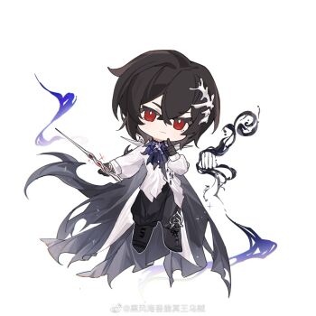 1boy :| ascot ayn_alwyn ayn_alwyn_(dreamland_wonder) black_boots black_cape black_gem black_gloves black_hair black_liquid black_pants black_shirt bone_hair_ornament boots brooch cape chibi chibi_only chinese_commentary closed_mouth coat commentary_request conductor_baton finger_to_mouth floating full_body gem gloves hair_between_eyes hair_ornament highres holding holding_wand instrument jewelry lace-up_boots liquid long_sleeves looking_at_viewer lovebrush_chronicles lyre male_focus official_alternate_costume outstretched_arm pants pants_tucked_in purple_ascot red_eyes shirt short_hair shushing simple_background solo sparkle tailcoat torn_cape torn_clothes v-shaped_eyebrows wand watermark weibo_watermark white_background white_coat zelotupia