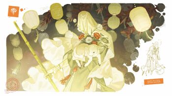 Rule 34 | 1boy, absurdres, animal, baby animal, bamboo, charon (reverse:1999), commentary, covered face, dark background, english text, engrish text, flower, highres, holding, holding animal, holding stick, imainacup, lamb, lantern, leaf, paper lantern, ranguage, red flower, reverse:1999, robe, sheep, solo, stick, untranslatable commentary, upper body, veil, white flower, white veil