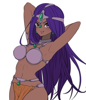 1girl :d armlet arms_up breasts brown_eyes circlet commentary cowboy_shot dark-skinned_female dark_skin dq_yukiyuki dragon_quest dragon_quest_iv earrings gem green_gemstone highres jewelry loincloth long_hair looking_at_viewer looking_to_the_side manya_(dq4) medium_breasts metal_bikini metal_bra navel necklace open_mouth orange_loincloth pelvic_curtain purple_hair silver_armlet silver_circlet smile sphere_earrings underboob white_background