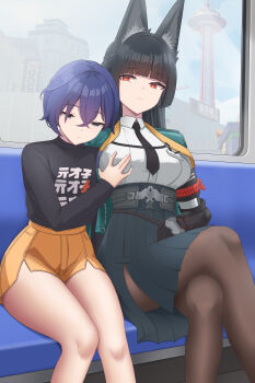 2girls absurdres animal_ear_fluff animal_ears aqua_jacket belle_(zenless_zone_zero) black_hair black_necktie black_pantyhose black_shirt black_skirt blue_hair blue_sky breasts closed_mouth commentary_request crossed_legs day fox_ears fox_girl gauntlets grabbing_another's_breast green_eyes groping hair_between_eyes hair_ornament high-waist_skirt highres hoshimi_miyabi jacket long_hair looking_at_another lxlx multiple_girls necktie pantyhose red_eyes shirt short_hair sidelocks single_gauntlet sitting skirt sky train train_interior white_shirt yuri zenless_zone_zero