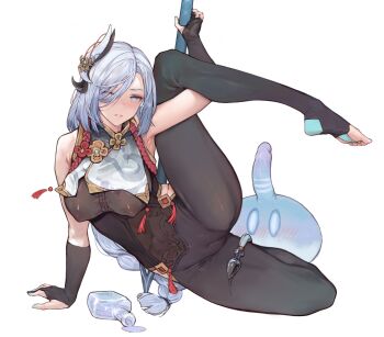 1boy 1girl alcohol anal_tail aqua_nails arm_support arm_up armpits bare_shoulders black_bodysuit black_gloves blue_eyes blush bodysuit bottle braid breast_curtain breasts bridal_legwear butt_plug cameltoe clothing_cutout covered_erect_nipples covered_navel dildo fake_tail flexible full_body genshin_impact gloves hair_ornament hair_over_one_eye hetero highres hip_vent holding holding_weapon iuui large_breasts long_hair low-braided_long_hair low-tied_long_hair nail_polish no_shoes parted_lips partially_fingerless_gloves penis plantar_flexion polearm rope see-through_clothes sex_toy shenhe_(genshin_impact) silver_hair simple_background skindentation sleeveless slime_(creature) slime_(genshin_impact) solo_focus spilling spread_legs sweat tail tassel uncensored very_long_hair weapon white_background