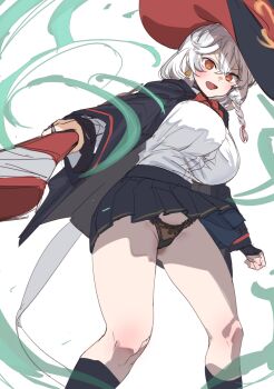 1girl black_jacket black_skirt blue_archive bow_(bhp) braid breasts brown_panties button_gap commentary_request eri_(blue_archive) halo hat highres jacket large_breasts long_sleeves looking_at_viewer open_mouth orange_eyes orange_halo panties pleated_skirt single_braid skirt solo standing underwear white_background white_hair witch_hat
