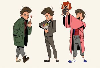 1boy 1girl ^_^ angry arm_up baby beard_stubble bodysuit bouquet brown_eyes brown_hair closed_eyes coat curly_hair dingnin98201637 eating facial_hair father_and_daughter fingernails flower food food_on_face formal_clothes full_body green_coat grey_pants grey_suit hand_in_pocket hand_on_own_neck hashtag-only_commentary highres holding holding_bouquet holding_food hood hood_down hooded_robe jacket layered_sleeves long_sleeves male_focus marvel mayday_parker multiple_views open_mouth pants peter_b_parker pink_robe robe shoes short_hair shy single_tooth slippers socks spider-man:_across_the_spider-verse spider-man_(series) spider-verse spider_web_print standing stubble suit suit_jacket suit_pants sweatpants teeth upper_teeth_only white_socks wide_sleeves