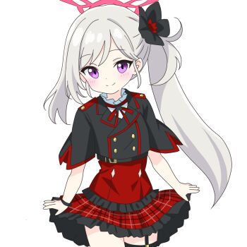 Rule 34 | 1girl, arms at sides, black flower, black jacket, blue archive, blush, bow, bowtie, closed mouth, commentary request, cowboy shot, dot nose, flower, frilled skirt, frills, grey hair, hair flower, hair ornament, halo, highres, jacket, kotatsu-mazoku, long hair, miniskirt, mutsuki (blue archive), plaid clothes, plaid skirt, pleated skirt, purple eyes, red bow, red bowtie, red halo, red skirt, side ponytail, simple background, skirt, smile, solo, thigh strap, white background