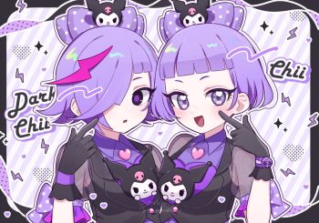 2girls :d arm_bow black_border black_eyes black_gloves black_shirt blunt_bangs blush border bow bracelet character_name collared_shirt commentary dark_chii dot_nose dual_persona fang finger_to_cheek gloves hair_over_one_eye hand_up heart heart_in_eye himitsu_no_aipri index_finger_raised jewelry kuromi lapels looking_at_viewer mamiya_chii milcho_(milcho222) multiple_girls open_mouth outline parted_lips polka_dot polka_dot_bow pretty_series purple_background purple_bow purple_eyes purple_hair purple_pupils sanrio see-through_clothes see-through_sleeves shirt short_hair short_sleeves smile sparkle striped_background symbol-only_commentary symbol_in_eye upper_body white_outline