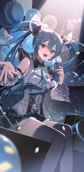 1girl :d absurdres balloon bare_shoulders black_skirt black_sleeves black_thighhighs blue_eyes blue_hair blue_necktie commentary confetti detached_sleeves emduck feet_out_of_frame frilled_sleeves frills hair_between_eyes hair_ornament hatsune_miku highres holding holding_microphone long_hair long_sleeves looking_at_viewer microphone miniskirt necktie open_mouth outstretched_arm pleated_skirt reaching reaching_towards_viewer shirt sitting skirt sleeveless sleeveless_shirt smile solo teeth thighhighs twintails upper_teeth_only very_long_hair vocaloid white_shirt zettai_ryouiki