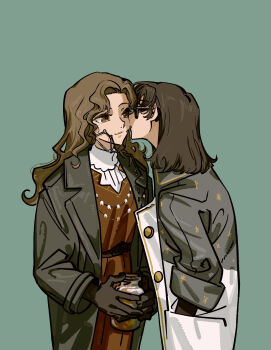 2girls black_coat black_gloves black_hair braces brown_eyes brown_hair coat commentary_request dress face-to-face glasses gloves green_background grey_coat hand_in_pocket highres holding holding_jar imminent_kiss jar kani_(kaniya) long_hair looking_at_another medium_hair multiple_girls red_dress reverse:1999 shirt tooth_fairy_(reverse:1999) white_shirt yuri z_(reverse:1999)