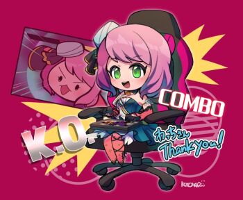 1girl alisa_boskonovich arcade_stick black_ribbon blue_dress chair chibi chibi_only combo commentary_request commission controller detached_sleeves dress game_controller gaming_chair green_eyes joystick k.o. kotomaru_(kotokoto_kottan) leverless_arcade_stick meta monitor open_mouth pantyhose pink_hair pink_pantyhose ribbon short_hair signature sitting skeb_commission solo swivel_chair tekken