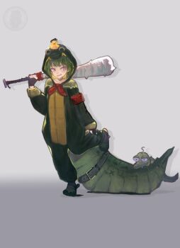 1girl club_(weapon) crocodilian_tail green_hair nitya_nil onesie phase_connect tagme tail taku_artworks virtual_youtuber