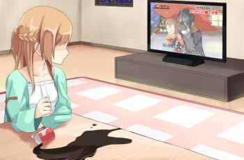 1boy 2girls ascii_media_works asuna_(sao) black_hair brown_hair cheating_(relationship) closed_eyes covering_face cup drinking_glass gloves interview kirito meme meso-meso microphone mittens multiple_girls netorare no_eyes parody partially_translated reverse_netorare scarf shared_umbrella short_hair silica special_feeling_(meme) spill sword_art_online television translation_request twintails umbrella