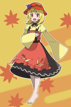 1girl aki_minoriko apron asatsuki_(fgfff) barefoot black_skirt blonde_hair commentary_request grape_hat_ornament hat highres open_mouth red_apron red_eyes red_hat shirt skirt solo touhou wheat_print wide_sleeves yellow_background yellow_shirt