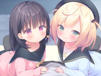 1boy 2girls bat_hair_ornament black_hair blonde_hair blue_cardigan blush braid bulge cardigan closed_mouth game_cg green_eyes hair_ornament hat hetero kazari_(mainichi_kiss_shite_lolita) large_variant_set looking_at_viewer mainichi_kiss_shite_lolita mihato_(mainichi_kiss_shite_lolita) multiple_girls non-web_source open_mouth pink_cardigan pink_eyes piyodera_mucha pov sailor_collar side_braid smile two_side_up usashiro_mani variant_set