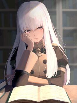 1girl blush book closed_mouth epaulettes expressionless fire_emblem fire_emblem:_three_houses garreg_mach_monastery_uniform head_rest highres labebebe_lee library long_hair long_sleeves lysithea_von_ordelia nintendo pink_eyes sitting solo table upper_body white_hair