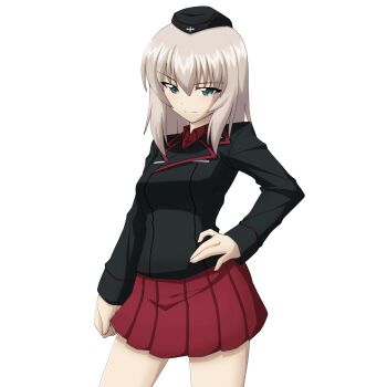 Rule 34 | black hat, black jacket, blue eyes, breasts, clenched hand, commentary request, cross, garrison cap, girls und panzer, grey hair, hand on own hip, hat, highres, iron cross, itsumi erika, jacket, kuromorimine military uniform, large breasts, long hair, long sleeves, looking at viewer, military, military hat, military jacket, military uniform, miniskirt, pleated skirt, red shirt, red skirt, rhun, shirt, simple background, skirt, smile, standing, transparent background