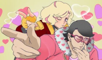 1boy 1girl black_hair blonde_hair blowing_kiss chain colored_inner_hair eyeliner finger_gun fingerless_gloves fur-trimmed_jacket fur_trim glasses gloves heart heart-shaped_eyewear heart_background heart_print jacket jujutsu_kaisen makeup multicolored_hair noirfox93 one_eye_closed original parody pink-framed_eyewear pink_eyeliner pink_eyes pink_hair pink_jacket red_jacket two-tone_hair yellow_gloves