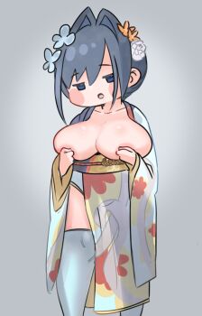 1girl arrivedcold artstyle_imitation blue_eyes blue_hair breast_press breasts breasts_out covering_breasts covering_privates grabbing_own_breast grey_background hololive hololive_english huge_breasts japanese_clothes kimono looking_at_viewer no_bra open_clothes open_kimono ouro_kronii simple_background solo solo_focus thighhighs thighs virtual_youtuber