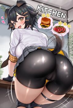 1girl :d absurdres alternate_breast_size_(larger) animal_ears arknights ass ass_focus bike_shorts black_gloves black_hair blush braid breasts brown_eyes burger cameltoe cheese commentary_request commission crossed_bangs da-negi dog_ears dog_girl dog_tail double-parted_bangs english_text fat_mons fingerless_gloves food forehead frilled_skirt frills from_behind gloves good_ass_day grey_skirt hair_between_eyes hair_ornament hairclip heart highres jackie_(arknights) knees_together_feet_apart large_breasts lettuce looking_at_viewer looking_back open_mouth plant plate pleated_skirt shadow shiny_clothes shirt short_hair sideboob single_braid skeb_commission skirt smile solo speech_bubble steak tail tail_wagging teeth thick_eyebrows thigh_gap thigh_strap thighs tight_clothes tomato tomato_slice upper_teeth_only white_shirt