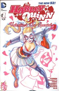 1girl acecore2k asymmetrical_gloves batman_(series) black_gloves black_lips blonde_hair blue_eyes bracelet breasts character_name cleavage clown commentary copyright_logo cover_sketch dc_comics earrings english_commentary eyeshadow fingerless_gloves fishnet_thighhighs fishnets floating_hair from_above gloves hair_pulled_back harley_quinn hat heart highres holding holding_behind_back holding_staff holding_weapon_behind_back hoop_earrings jewelry large_breasts logo looking_at_viewer looking_to_the_side makeup marker_(medium) mask mismatched_gloves nurse_cap one_eye_closed pen_(medium) pinup_(style) pleated_skirt profile puffy_short_sleeves puffy_sleeves red_eyeshadow red_gloves short_sleeves signature skirt spiked_bracelet spikes staff studded_bracelet thighhighs traditional_media twintails valentine white_background white_skirt