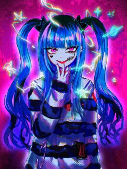 1girl absurdres amemiya_darumi black_bow black_hair blue_hair blue_shirt blunt_bangs bow choker commentary_request facial_mark finger_gun glowing gradient_hair hair_bow hand_on_own_chest heart heart_facial_mark highres long_hair long_sleeves looking_at_viewer miniskirt mole mole_under_mouth multicolored_hair open_mouth oversized_object paperclip pink_background pink_eyes red_choker red_eyes safety_pin shirt sidelocks skirt smile solo standing striped_clothes the_hundred_line_-last_defense_academy- two_side_up uyu_(yumeyumepop7) very_long_hair
