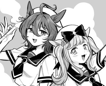 2girls :3 agnes_digital_(umamusume) agnes_tachyon_(umamusume) ahoge animal_ears bow ear_ornament empty_eyes hat hat_bow horse_ears horse_girl long_hair multiple_girls necktie open_mouth school_uniform short_hair short_sleeves smile tracen_school_uniform two_side_up umamusume yokuko_zaza