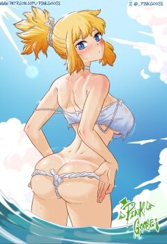 1girl artist_name ass blonde_hair blue_background blue_eyes blue_sky blush bra breasts commentary cowboy_shot double_strap_slip dr._stone english_commentary from_behind fundoshi gurinsensei japanese_clothes kohaku_(dr._stone) large_breasts looking_at_viewer looking_back panties panty_pull patreon_username ponytail sky solo standing strap_slip twitter_username twitter_x_logo underwear wading water wet white_bra