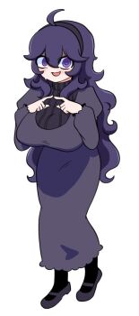 1girl ahoge alternate_breast_size_(larger) black_hairband blush dress full_body hairband hands_up hex_maniac_(pokemon) hex_maniac_(pokemon_xy) index_fingers_together juliet_sleeves long_dress long_hair long_sleeves looking_at_viewer messy_hair nervous nervous_smile nintendo nyaromeron open_mouth own_hands_together pokemon pokemon_xy puffy_sleeves purple_eyes purple_hair simple_background smile solo standing sweatdrop turtleneck turtleneck_dress very_long_hair wavy_mouth white_background