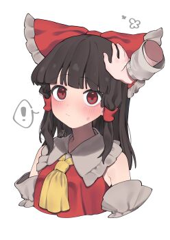 ! 2girls ascot blush bow brown_hair closed_mouth female_pov frilled_bow frills hair_bow hair_tubes hakurei_reimu headpat highres kirisame_marisa long_hair looking_at_viewer multiple_girls niru_(ka_k_0517) pov pov_hands red_bow red_eyes signature simple_background solo_focus spoken_exclamation_mark sweatdrop touhou white_background yellow_ascot