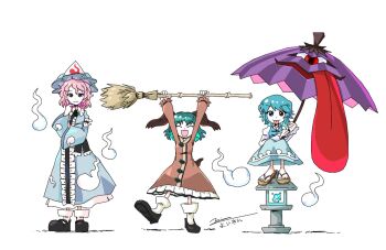 Rule 34 | 3girls, animal ears, black ribbon, black shoes, blue dress, blue eyes, blue fire, blue hair, blue hat, blue kimono, blue skirt, blue vest, broom, brown dress, brown fur, buttons, center frills, closed eyes, closed mouth, collar, collared dress, dog ears, dog girl, dog tail, dress, fire, flower, flower button, frilled collar, frilled hat, frilled kimono, frilled ribbon, frilled shirt collar, frilled sleeves, frills, geta, ghost, ghost print, ghost tail, green hair, hand on own arm, hand on own face, hands up, hat, heterochromia, highres, holding, holding broom, holding umbrella, japanese clothes, juliet sleeves, kasodani kyouko, kimono, lantern, long hair, long sleeves, looking at viewer, medium hair, mob cap, multiple girls, open mouth, pink eyes, pink hair, puffy long sleeves, puffy sleeves, red eyes, ribbon, saigyouji yuyuko, sandals, shoes, signature, simple background, sitting, skirt, smile, socks, standing, swept bangs, tail, tatara kogasa, tatara kogasa (umbrella), ten desires, tongue, tongue out, touhou, triangular headpiece, umbrella, vest, waist ribbon, wavy hair, white background, white collar, white socks, wide sleeves, yoiy san