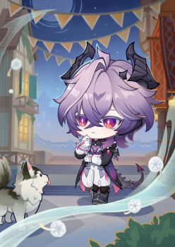 1boy absurdres boots building chibi commentary crossed_bangs dog dot_nose english_commentary full_body genshin_impact gloves hair_between_eyes highres horns long_sleeves medium_hair mini_durin_(genshin_impact) mini_durin_(human)_(genshin_impact) multicolored_eyes night night_sky official_art open_mouth outdoors pants purple_hair sky standing star_(sky) starry_sky symbol-shaped_pupils tail tongue tongue_out white_gloves white_pants